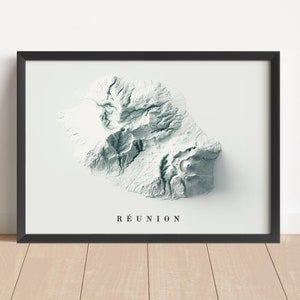 Mapa en relieve minimalista de Reunión (Francia) / Arte mural de Reunión / Impresión enmarcada de Reunión / Decoración de pared antigua / Regalo de mapa topográfico / NO ES UN MAPA 3D