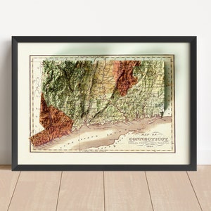 Connecticut Vintage Relief Map, based on 1835 original | Connecticut Wall Art & Home Decor | Framed Map | Topographic Print | NOT A 3D MAP