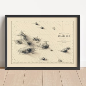 Galapagos (Ecuador) Vintage Relief Karte, basierend auf dem Original von 1883 | Wand Kunst & Home Decor | Gerahmter Druck | Topographische Karte Geschenk | KEINE 3D-KARTE