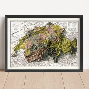 Carte en relief vintage de la Suisse, basée sur l'original de 1880 | Art mural et décoration d'intérieur | Impression encadrée | Carte topographique en cadeau | PAS UNE CARTE 3D