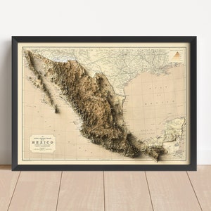 Mexiko Vintage Reliefkarte, basierend auf der Vorlage von 1911 | Mexiko Wand Kunst & Home Decor | Gerahmter Druck | Topographische Karte Geschenk | KEINE 3D-KARTE