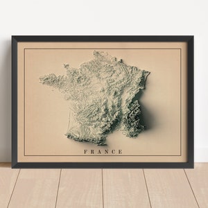 Carte en relief minimaliste de la France | Art mural France | Impression encadrée France | Décoration murale antique | Carte topographique en cadeau | PAS UNE CARTE 3D
