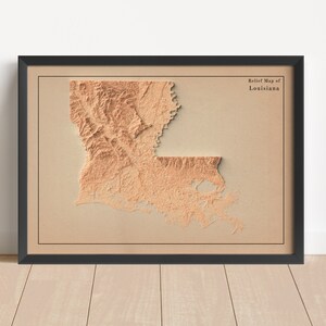 Louisiana Minimalistische Reliefkarte | Louisiana Wandkunst | Louisiana gerahmter Druck | Antikes Wanddekor | Topographische Karte Geschenk | KEINE 3D-KARTE
