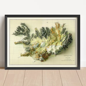 Carte en relief vintage d'Islande, basée sur l'original de 1901 | Art mural et décoration d'intérieur d'Islande | Impression encadrée | Carte topographique en cadeau | PAS UNE CARTE 3D