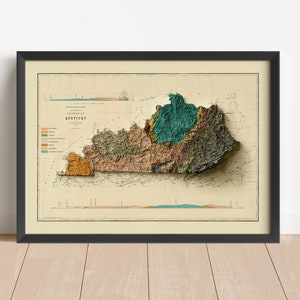 Kentucky Geologische Vintage Reliefkarte, basierend auf dem Original von 1887 | Wand Kunst & Wohnkultur Geschenk | Topographischer gerahmter Druck | KEINE 3D-KARTE
