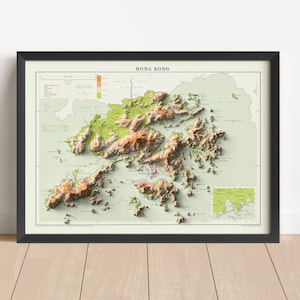 Hong Kong Relief Karte, basierend auf dem Original von 1963 | Hong Kong Wand Kunst & Home Decor | Gerahmter Druck | Topographische Karte Geschenk | KEINE 3D-KARTE