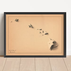 Minimalistische reliëfkaart Hawaï (VS) | Muurkunst Hawaï | Ingelijste print Hawaï | Antieke wanddecoratie | Cadeau topografische kaart | GEEN 3D-KAART