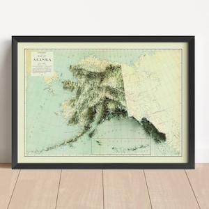 Alaska Vintage Relief-Karte, basierend auf der Vorlage von 1931 | Alaska Wand Kunst & Home Decor | Gerahmter Druck | Topographische Karte Geschenk | KEINE 3D-KARTE