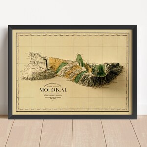 Landkarte Molokai (Hawaii) Vintage Relief, basierend auf dem Original von 1897 | Wand Kunst & Home Decor | Gerahmter Druck | Topographische Karte Geschenk | KEINE 3D-KARTE