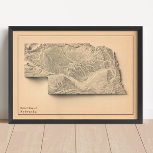 Nebraska Minimalistische Reliefkarte | Nebraska Wandkunst | Nebraska gerahmter Druck | Antikes Wanddekor | Topographische Karte Geschenk | KEINE 3D-KARTE