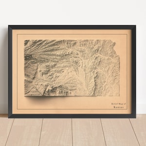 Kansas Minimalistische Reliefkarte | Kansas Wandkunst | Kansas gerahmter Druck | Antikes Wanddekor | Topographische Karte Geschenk | KEINE 3D-KARTE