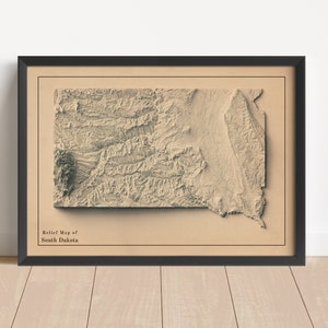 South Dakota Minimalistische Reliefkarte | South Dakota Wand Kunst | Gerahmter Druck | Antikes Wanddekor | Topographische Karte Geschenk | KEINE 3D-KARTE