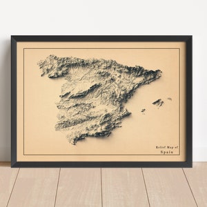 Spanien Minimalistische Reliefkarte | Spanien Wandkunst | Spanien gerahmter Druck | Antikes Wanddekor | Topographische Karte Geschenk | KEINE 3D-KARTE