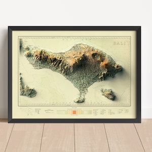 Bali (Indonesien) Vintage Reliefkarte, basierend auf einer Vorlage von 1935 | Wand Kunst & Home Decor | Gerahmter Druck | Topographische Karte Geschenk | KEINE 3D-KARTE