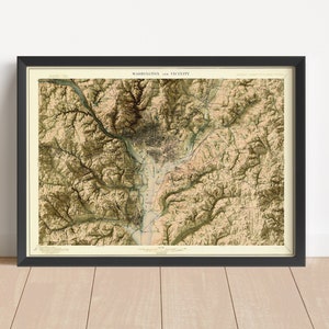 Washignton DC Reliefkarte, basierend auf dem Original von 1898 | Wand Kunst & Home Decor | Gerahmter Druck | Topographische Karte Geschenk | KEINE 3D-KARTE