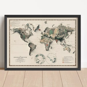 Carte du monde vintage en relief, basée sur l'original de 1892 | Art mural carte du monde et décoration d'intérieur | Impression encadrée | Carte topographique en cadeau | PAS UNE CARTE 3D