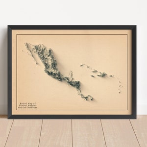 Mapa em relevo minimalista da América Central | Arte de parede da América Central | Mapa do Caribe | Decoração de parede antiga | Presente topográfico | NÃO É UM MAPA 3D