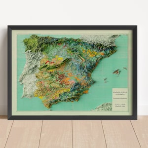 Spanien Vintage Reliefkarte, basierend auf der Vorlage von 1966 | Spanien Wall Art & Home Decor | Gerahmter Druck | Topographische Karte Geschenk | KEINE 3D-KARTE
