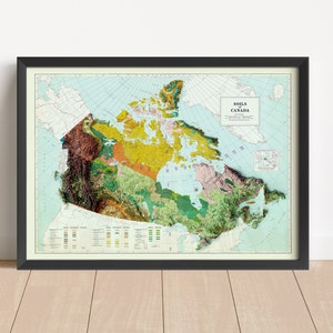 Carte en relief vintage du Canada, basée sur l'original de 1972 | Art mural et décoration intérieure du Canada | Impression encadrée | Carte topographique en cadeau | PAS UNE CARTE 3D