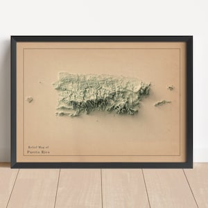 Porto Rico Minimalistische Reliefkarte | Libanon Wandkunst | Fuerte Rico gerahmter Druck | Antikes Wanddekor | Topographische Karte Geschenk | KEINE 3D-KARTE