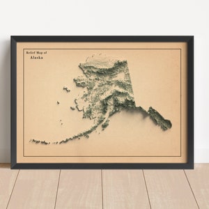 Alaska Minimalistische Reliefkarte | Alaska Wand Kunst | Gerahmte Alaska Druck | Antikes Wanddekor | Topographische Karte Geschenk | KEINE 3D-KARTE