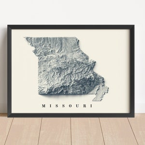 Missouri Minimalistische Reliefkarte | Missouri Wandkunst | Missouri gerahmter Druck | Antikes Wanddekor | Topographische Karte Geschenk | KEINE 3D-KARTE