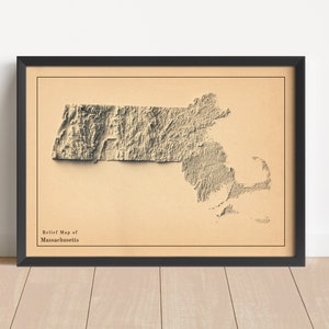 Massachusetts Minimalistische Reliefkarte | Massachusetts Wandkunst | Gerahmter Druck | Antikes Wanddekor | Topographische Karte Geschenk | KEINE 3D-KARTE