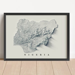 Nigeria Minimalistische Reliefkarte | Nigeria Wandkunst | Nigeria gerahmter Druck | Antikes Wanddekor | Topographische Karte Geschenk | KEINE 3D-KARTE