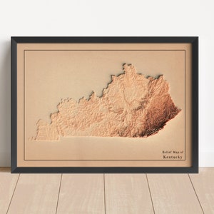 Kentucky Minimalistische Reliefkarte | Kentucky Wandkunst | Kentucky gerahmter Druck | Antikes Wanddekor | Topographische Karte Geschenk | KEINE 3D-KARTE