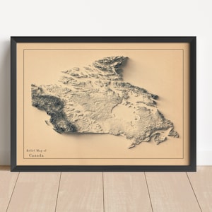 Carte en relief minimaliste du Canada | Art mural Canada | Impression du Canada encadrée | Décoration murale antique | Carte topographique en cadeau | PAS UNE CARTE 3D