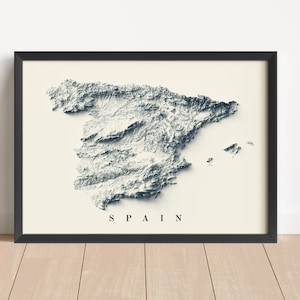 Spanien Minimalistische Reliefkarte | Spanien Wandkunst | Spanien gerahmter Druck | Antikes Wanddekor | Topographische Karte Geschenk | KEINE 3D-KARTE
