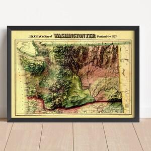 Vintage Reliefkarte des Bundesstaates Washignton, basierend auf dem Original von 1878 | Wand Kunst & Home Decor | Gerahmter Druck | Topographische Karte Geschenk | KEINE 3D-KARTE