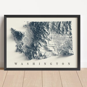 Washignton State Minimalistische Reliefkarte | Washignton Wandkunst | Gerahmter Druck | Antikes Wanddekor | Topographische Karte Geschenk | KEINE 3D-KARTE