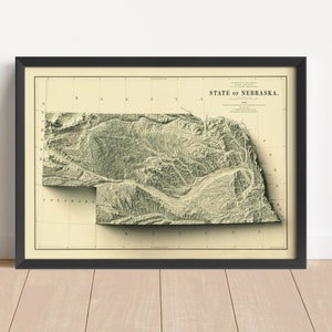 Nebraska Vintage Relief Karte, basierend auf einem Original von 1885 | Nebraska Wandkunst & Wohnkultur | Gerahmter Druck | Topographische Karte Geschenk | KEINE 3D-KARTE
