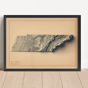 Tennessee Minimalistische Reliefkarte | Tennessee Wandkunst | Tennessee gerahmter Druck | Antikes Wanddekor | Topographische Karte Geschenk | KEINE 3D-KARTE