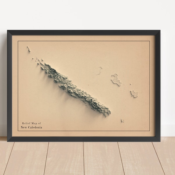 New Caledonia Map, New Caledonia Relief Map, New Caledonia Wall Decor, New Caledonia Minimalist Map, New Caledonia Poster - 2D FLAT POSTER