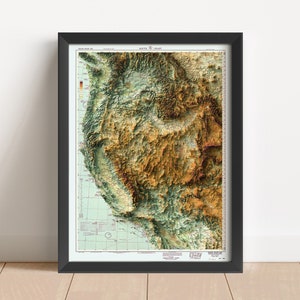 Zachodnia mapa USA, vintage, relief, oparta na oryginale z 1950 r. | Zachodnie Stany Zjednoczone – sztuka ścienna i wystrój wnętrz | Mapa topograficzna na prezent | NIE JEST MAPĄ 3D