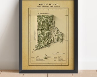Rhode Island Vintage Reliefkarta, baserad på originalet från 1971 | Väggkonst och heminredning | Inramat tryck | Topografisk karta, gåva | INTE EN 3D-KARTA
