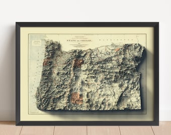 Puede incluir: Un mapa vintage enmarcado del estado de Oregón, con un efecto en relieve 3D. El mapa está en tonos marrones, verdes y beige, con un título en la parte superior que dice "Estado de Oregón, 1889".