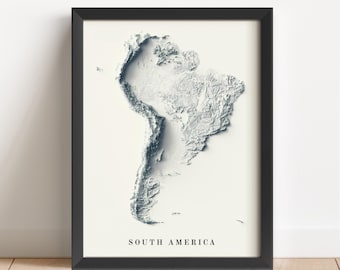 Mapa en relieve minimalista de Sudamérica / Arte mural de Sudamérica / Impresión enmarcada / Decoración de pared antigua / Regalo de mapa topográfico / NO ES UN MAPA 3D