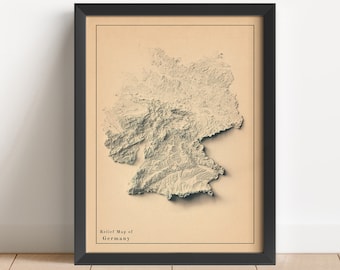 May include: A framed black and white relief map of Germany. The map is printed on a beige background and has the text "Relief Map of Germany" at the bottom.