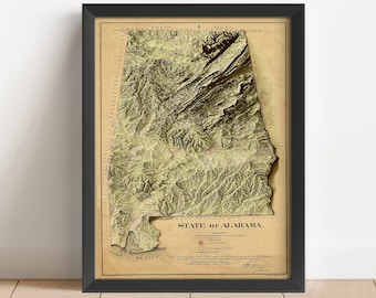 Alabama Vintage Relief Map, based on 1866 original | Alabama Wall Art & Home Decor | Framed Print | Topographic Map Gift | NOT A 3D MAP