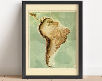 South America Vintage Relief Map, based on 1907 original | Wall Art & Home Decor | Framed Print | Topographic Map Gift | NOT A 3D MAP