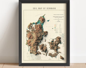 Denmark Vintage Relief Map, based on 1935 original | Denmark Wall Art & Home Decor | Framed Print | Topographic Map Gift | NOT A 3D MAP