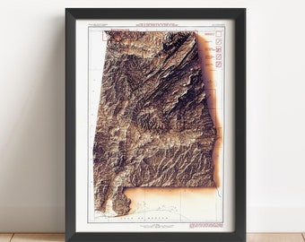 Alabama Vintage Relief Map, based on 1925 original | Alabama Wall Art & Home Decor | Framed Print | Topographic Map Gift | NOT A 3D MAP