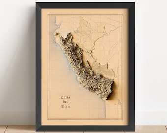 Pode incluir: Um mapa vintage emoldurado do Peru com uma textura em relevo 3D. O mapa é intitulado "Carta del Peru" e é impresso em um fundo bege.