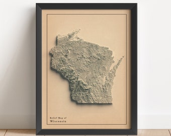 Puede incluir: Un mapa en relieve enmarcado de Wisconsin con un fondo beige y un marco negro. El mapa muestra la topografía del estado con diferentes tonos de marrón y verde. El texto "Relief Map of Wisconsin" está impreso en negro en la parte inferior del mapa.