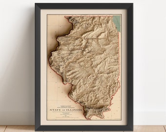 Vintage reliëfkaart Illinois, gebaseerd op origineel uit 1911 | Illinois muurkunst en woondecoratie | Ingelijste print | Cadeau topografische kaart | GEEN 3D-KAART