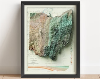 Könnte beinhalten: Eine Reliefkarte von Ohio im Vintage-Stil, die die Topographie des Bundesstaates mit verschiedenen Farben zeigt, die die Höhe darstellen. Die Karte ist in Schwarz gerahmt und trägt unten den Titel "Geological Map of Ohio".