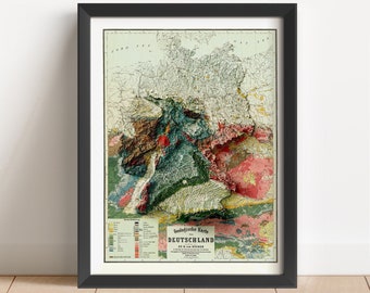Könnte beinhalten: Eine vintage gerahmte Karte von Deutschland, die die geologischen Formationen des Landes zeigt. Die Karte ist in einem schwarzen Rahmen und trägt den Titel "Geologische Karte Deutschland".